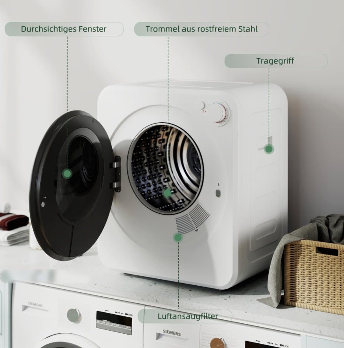 MODFU - Mini Wasdroger - 4 Kg - 5 Programma's - Luchtafvoerdroger - Wit — afbeelding 1