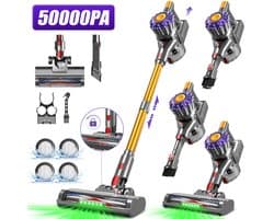 Adormii Steelstofzuiger Draadloos – 50000Pa Sterke Zuigkracht – 60 Min Accuduur – Anti-haarwikkel Vloerborstel – 4 HEPA-filters – 1,6 L Stofreservoir – Groene LED Stofdetectieverlichting – Goud