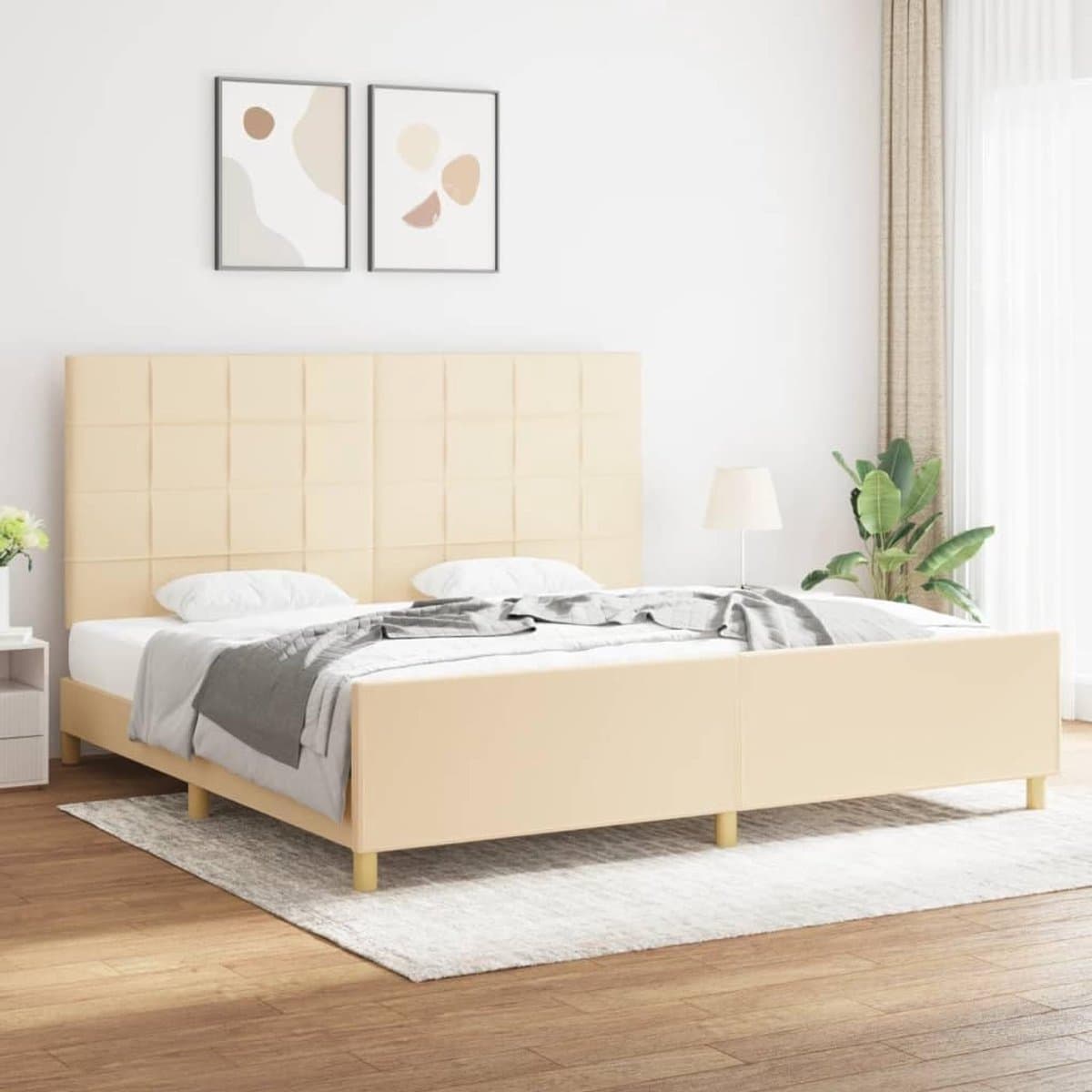 Bedframe met hoofdeinde, crèmekleurig, 200 x 200 cm, stoffen bed voor slaapkamer, hotel, logeerkamer, slaapkamer, logeerkamer — afbeelding 1