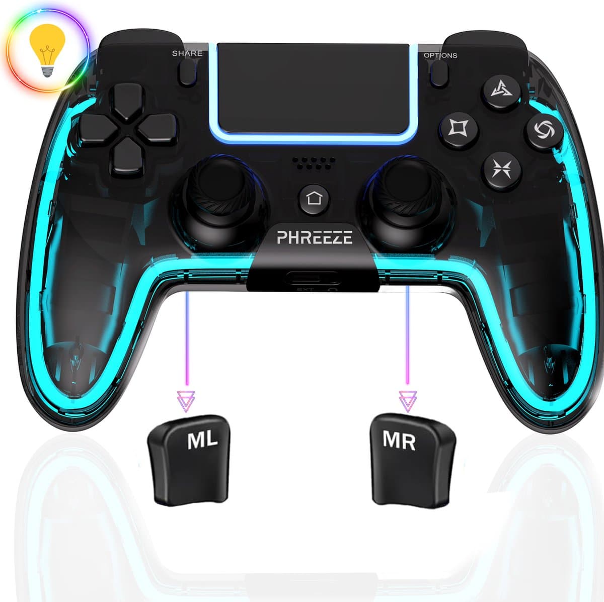 Draadloze RGB Controllers geschikt voor PS4 controller - Shock V3 - Macro Knoppen - LED Verlichting - Geschikt voor Playstation 4 Controller - Transparant — afbeelding 1