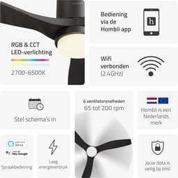 Hombli Slimme Plafondventilator met verlichting - Ø132 cm - Incl. Afstandsbediening - Zwart & Zwart Hout — thumbnail 3