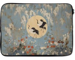 Laptophoes 14 inch - Kraanvogels - Maan - Bloemen - Blauw - Laptop sleeve - Binnenmaat 33x23 cm - Zwarte achterkant