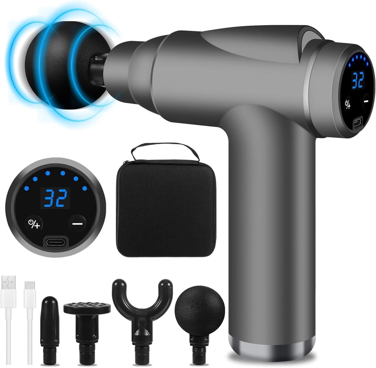 Mini massagepistool met 32 snelheden, 3500 RPM en 4 massagekoppen voor spierverrijking — afbeelding 1