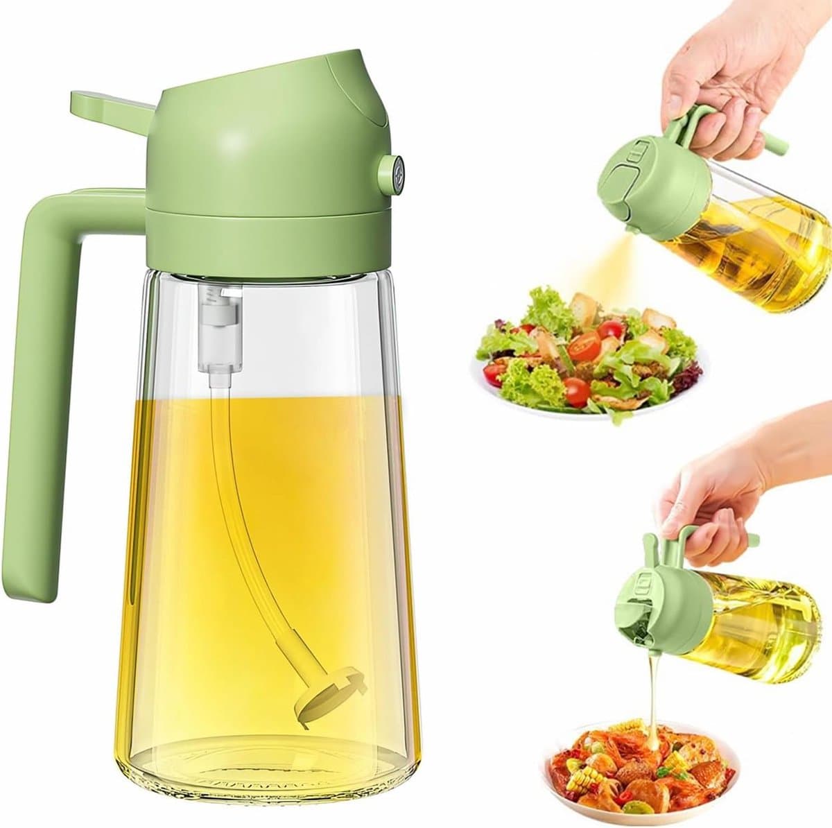 Olieverstuiver voor de keuken - Kook Olie Dispenser - 2-in-1 olijfolie dispenser fles voor de keuken - Glazen oliefles voor thuis - Oliever nevelaar van voeding skwaliteit voor airfryer, salade, frituren, grillen - Groen - 470 ml — afbeelding 1