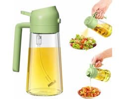 Olieverstuiver voor de keuken - Kook Olie Dispenser - 2-in-1 olijfolie dispenser fles voor de keuken - Glazen oliefles voor thuis - Oliever nevelaar van voeding skwaliteit voor airfryer, salade, frituren, grillen - Groen - 470 ml