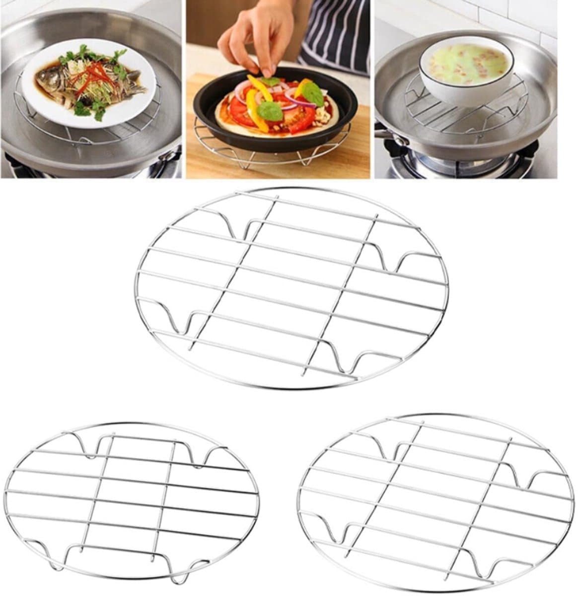 3x Ovenrooster - 23/25/28 CM - RVS Stoomrek - Oven Rek - Magnetron Rek - Ovenrooster - Ovenrek - Kookspullen - Stoommand - Steamer Basket - Magnetron Rooster Rond - voor Bakken, Koken, Braden - Kookgereedschap voor Air Fryer — afbeelding 1