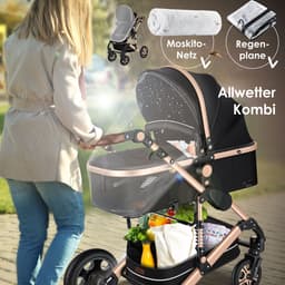 KESSER® Kinderwagen 3 in 1 Loops Wandelwagen Set incl. Autostoel & Reiswieg & Buggy Sportzitje - Massieve Rubberbanden - Luiertas / Regenhoes - Zwart / Champagne — thumbnail 3
