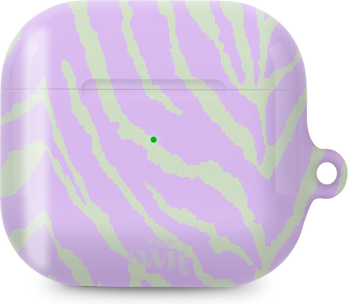 xoxo Wildhearts hoesje geschikt voor AirPods 4 - Main Character - Ook als telefoonhoesje verkrijgbaar - schokbestendige case - koptelefoonhoesje - Glimmende afwerking - Beschermhoes met zebraprint - dierenprint hoesje - Paars - Groen — afbeelding 1