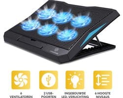 PROKING Laptop Koeler | Cooler - Laptop standaard - Laptopverhoger - 6 ventilatoren - Ergonomisch - 10"-17" inch