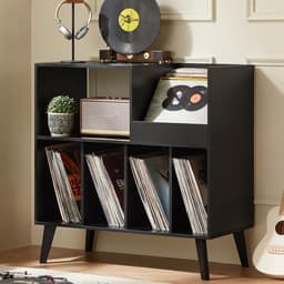 Platenstandaard - Platenspeler Meubel - Vinyl Platenrek voor 300 LP's - Vinyl Opslag met Presentatievlak - LP Houder - Albumhouder - Industrieel Design - Muziekkamer & Woonkamer - Grote Capaciteit - Vinyl Rek - Vintage Bruin & Zwart — thumbnail 1