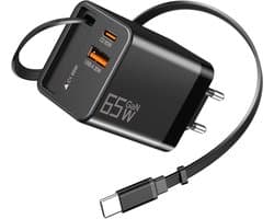USB-C-oprolbare oplader 65 W, oprolbare oplaadkabel, voedingsadapter (inclusief kabel), 3 poorten, oprolbare oplader, snellader Geschikt voor op reis