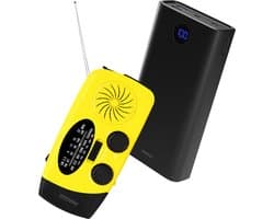 Noodpakket Camping - Noodradio 3-in-1 Solar Opwindbaar Geel+ 30.000 mAh Powerbank - Draagbare FM/AM Radio met Handslinger, LED Zaklamp en SOS - Wind Up Crank Radio voor Outdoor, Caravan, Festival en Stroomuitval