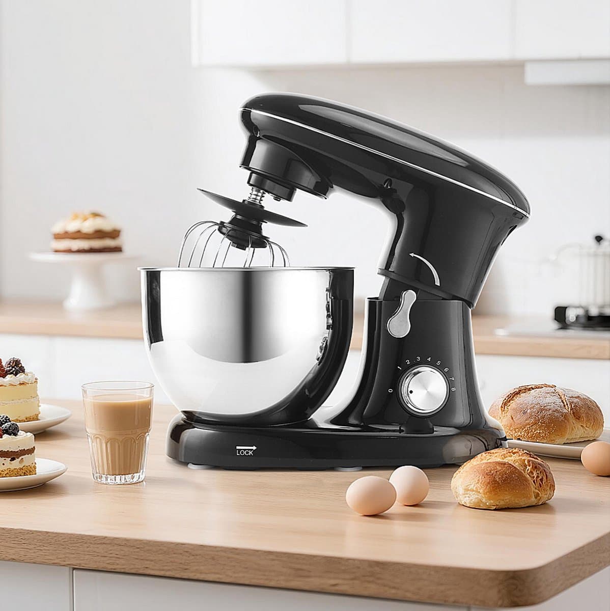 NETTLIFE Keukenmachine – 1400W – 5L Rührschüssel – met Knethaken Rührbesen Schneebesen – Voor Brot Pizzateig Kuchen Sahne – Zwart — afbeelding 1