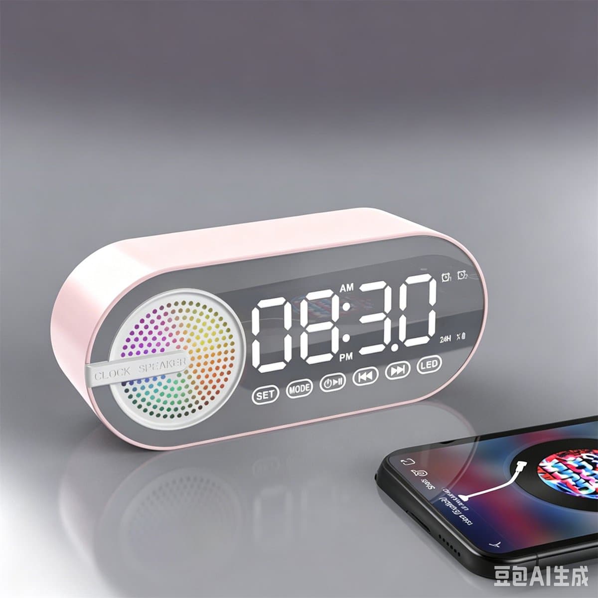 4-in-1 draadloze Bluetooth luidspreker wekker – Draagbare Bluetooth speaker, digitale klok, FM-radio, spiegelscherm, USB-opladen, RGB-verlichting – Geschikt voor thuis, buiten, kantoor & reizen – Roze — afbeelding 1