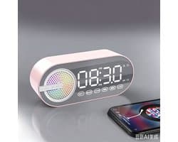 4-in-1 draadloze Bluetooth luidspreker wekker – Draagbare Bluetooth speaker, digitale klok, FM-radio, spiegelscherm, USB-opladen, RGB-verlichting – Geschikt voor thuis, buiten, kantoor & reizen – Roze