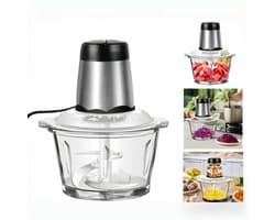 Elektrische Hakmolen 2 Liter met Glazen Kom en 4 RVS-messen - Mini Keukenmachine Vleesmolen Blender Groentesnijder - 2 Snelheden - Antislip Onderkant - 300W