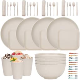 48-delige onbreekbare serviesset voor 4 personen - Plastic picknickdinersets - Lichtgewicht borden, kommen, kopjes, bestek — thumbnail 1