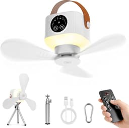 Plafondventilator met verlichting en 7200 mAh accu, geschikt voor binnen- en buitengebruik, stille oplaadbare draagbare ventilator van 35 dB, 3-in-1: campingventilator, bureauventilator, plafondventilator en draagbare ventilator. — thumbnail 1