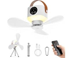 Plafondventilator met verlichting en 7200 mAh accu, geschikt voor binnen- en buitengebruik, stille oplaadbare draagbare ventilator van 35 dB, 3-in-1: campingventilator, bureauventilator, plafondventilator en draagbare ventilator.