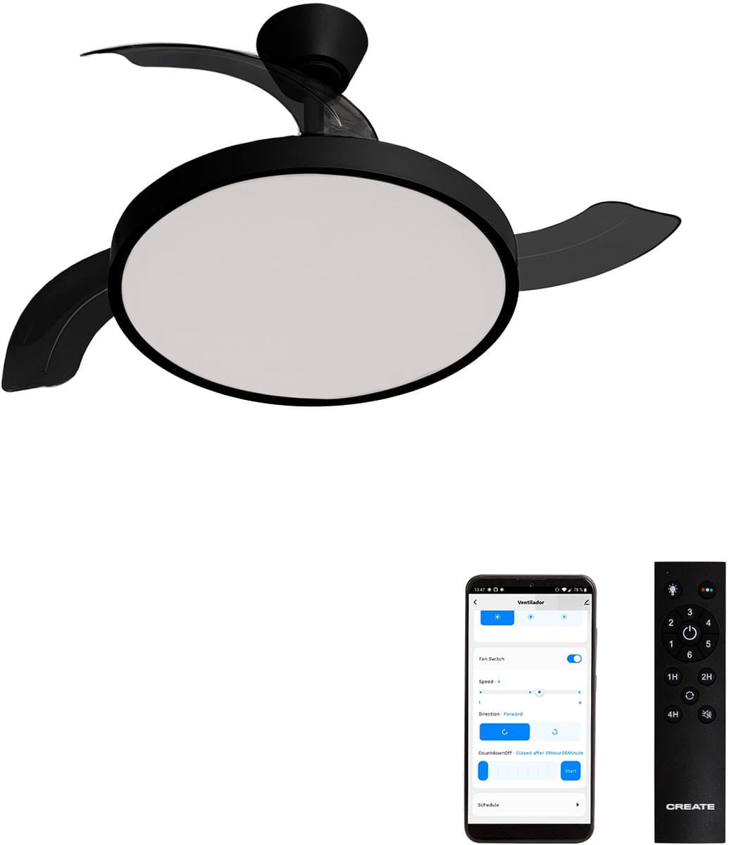 CREATE - Plafondventilator 40W stil met intrekbare bladen met licht - Ø108cm - Zwart- WIFI + Afstandsbediening - WIND CLEAR STUDIO — afbeelding 1