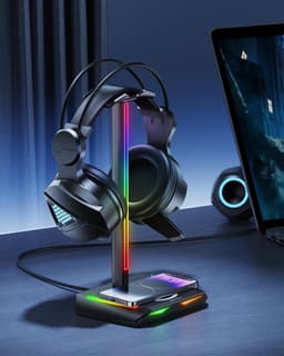 RGB Hoofdtelefoonstandaard met Draadloze Oplader - Gaming Headset Houder - Hoofdtelefoonhouder met USB en Type-C Poorten - 11 Verlichtingsmodi - Accessoire Organizer - Gaming Bureau Gadget - Zwart — thumbnail 2
