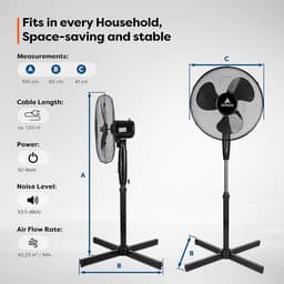 AERSON Standing Fan 40 cm | Fan Tripod Height Adjustable up to 120 cm | High Air Flow and Very Quiet | Fan 3 Different Speeds | Oscillation Function Approx. 80° — thumbnail 3