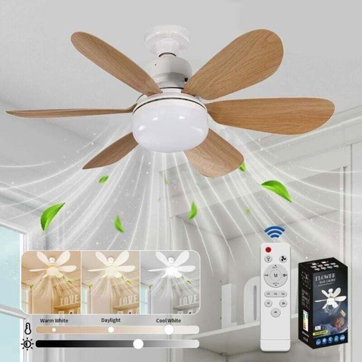 Plafondventilator met verlichting en afstandsbediening – Dimbaar LED-plafondventilator met geïntegreerde 40W E27-lamp — afbeelding 1