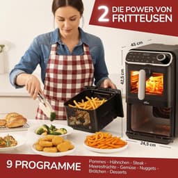 Heteluchtfriteuse Dubbele Kamer - Luchtfriteuse XL - Gezond Koken - Twee Kamers Gelijktijdig - 11 Liter Totaal - Zwart — thumbnail 2