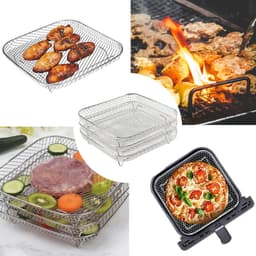 Airfryer Rek - 3-Pack- Stapelbare Roestvrijstalen Airfryer Mandjes – 3-Laags Koelrek voor Oven – Rechthoekige Airfryer Accessoires - 20*20*4cm — thumbnail 7