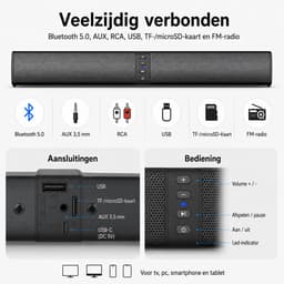 Gloovon® Deelbare Soundbar & PC Speakers - Bluetooth 5.0 & Bedraad - 20W Stereo Audio met 2000mAh Accu - AUX, RCA & USB - Zwart — thumbnail 2