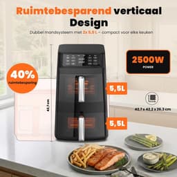 Heteluchtfriteuse XL - Dubbele Kamer - Gezond Koken - Slimme Kookfunctie - 11 Liter - Zwart Zilver — thumbnail 4