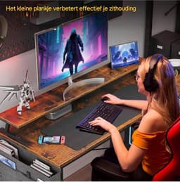 hoekbureau-L-vorm-120 x 80 x 88 cm-USB-oplaadpoort en stopcontact -gaming met rek-omkeerbaar-monitorrek voor kantoor-Bruin — thumbnail 2