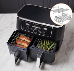 Dutchers® Set van 2 RVS Grill Rekken en 3x Spies stokjes - Wasbaar voor Dubbele Heteluchtfriteuse – Oven Accessoires - Te gebruiken voor: Ninja AF300EU, AF400EU, AF451EU, AF500EU, SL400EU en Andere Tweezone Airfryers — thumbnail 3
