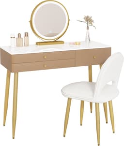 Kaptafel met Verlichting en Verstelbare LED-Spiegel - Elegante Make-uptafel met 3 Lades en Fluwelen Kruk - Kaki + Goud — thumbnail 1