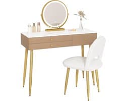 Kaptafel met Verlichting en Verstelbare LED-Spiegel - Elegante Make-uptafel met 3 Lades en Fluwelen Kruk - Kaki + Goud