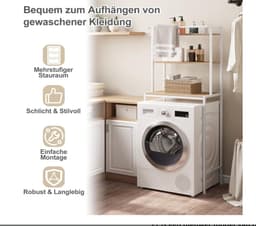 Wasmachinerek, wc-rek voor boven wasmachine, toilet, wasmachinekast, bovenbouwkast, toiletkast, 3 planken, handdoekhouder, metaal hout, 67 x 162 x 40 cm, wit — thumbnail 5
