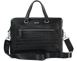 Solier FL33 Selvanna - Laptoptas Dames - Echt Leer - Slangenhuid Effect - Zakelijk en Dagelijks Gebruik - A4 en Laptop Formaat - Schouderriem - Zwart