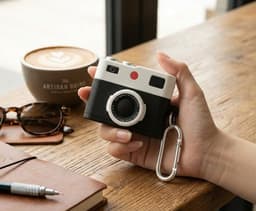 Zwart wit hoesje voor oordopjes unisex in retro camera vorm met karabijnhaak geschikt voor AirPods 4 met reliëf details en compact ontwerp — thumbnail 5