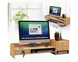 Houten Monitor Standaard met 3 Lades – Bureauverhoger 65,5×20×13,5 cm – Opbergrek voor Computer & Laptop