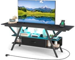 COSTWAY TV-standaard met ledlampen en USB + Type-C stopcontacten, lowboard voor 65 inch televisie, 3-traps entertainmentcentrum, consoletafel met opbergvakken en stoffen lade (zwart)