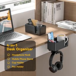 4-in-1 bureau-organizer - Hoofdtelefoonhaak onder het bureau - met twee kabeldoorvoeropeningen - Draaibare hoofdtelefoonstandaard - geschikt voor bekers, telefoons en pennen - Wit — thumbnail 2