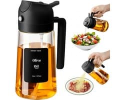 2-in-1 Olijfolie Sprayer & Olie Dispenser 470 ml – Glazen Oil Spray Bottle voor Koken, Salade, BBQ & Airfryer – Keuken Olie Spray (Zwart)