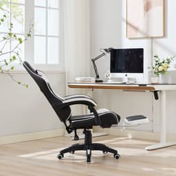 Ergonomische Bureaustoel/Gamingstoel – Verstelbare Rugleuning – 360° Draaibaar - Met Armleuningen En Voetsteun - Hoofdsteun & Lendensteun - zwart, wit — thumbnail 4