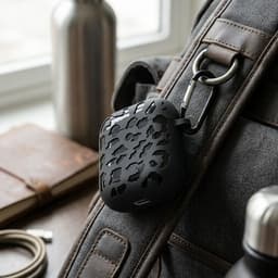 Zwart grafisch patroon hoesje voor oordopjes geschikt voor AirPods 4– compact beschermhoesje met onregelmatige print, mat oppervlak en karabijnhaak — thumbnail 2