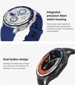 Knobbout 1.43 inch AMOLED-scherm met 3D-ontwerp Smartwatch - Slimme opnamefunctie- 4 GB interne opslag - MP4-video-ondersteuning - Nieuwste ATS3085S Gen 2-chipset - Ingebouwde kompasfunctie - Zwart staal+ zwart lederen + blauwe siliconen horlogeban — thumbnail 3