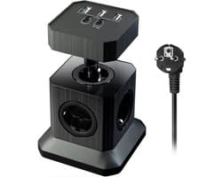 Namajunas - Stekkerdoos met usb - Verdeelstekker met schakelaar - Met overspanningsbeveiliging - 9-in-1 stopcontactenkubus - Afneembare - 2M Verlengsnoer - Zwart - Powercube - Stopcontact Splitter - Snellader voor Laptop, Telefoon & Tablet - Adapter