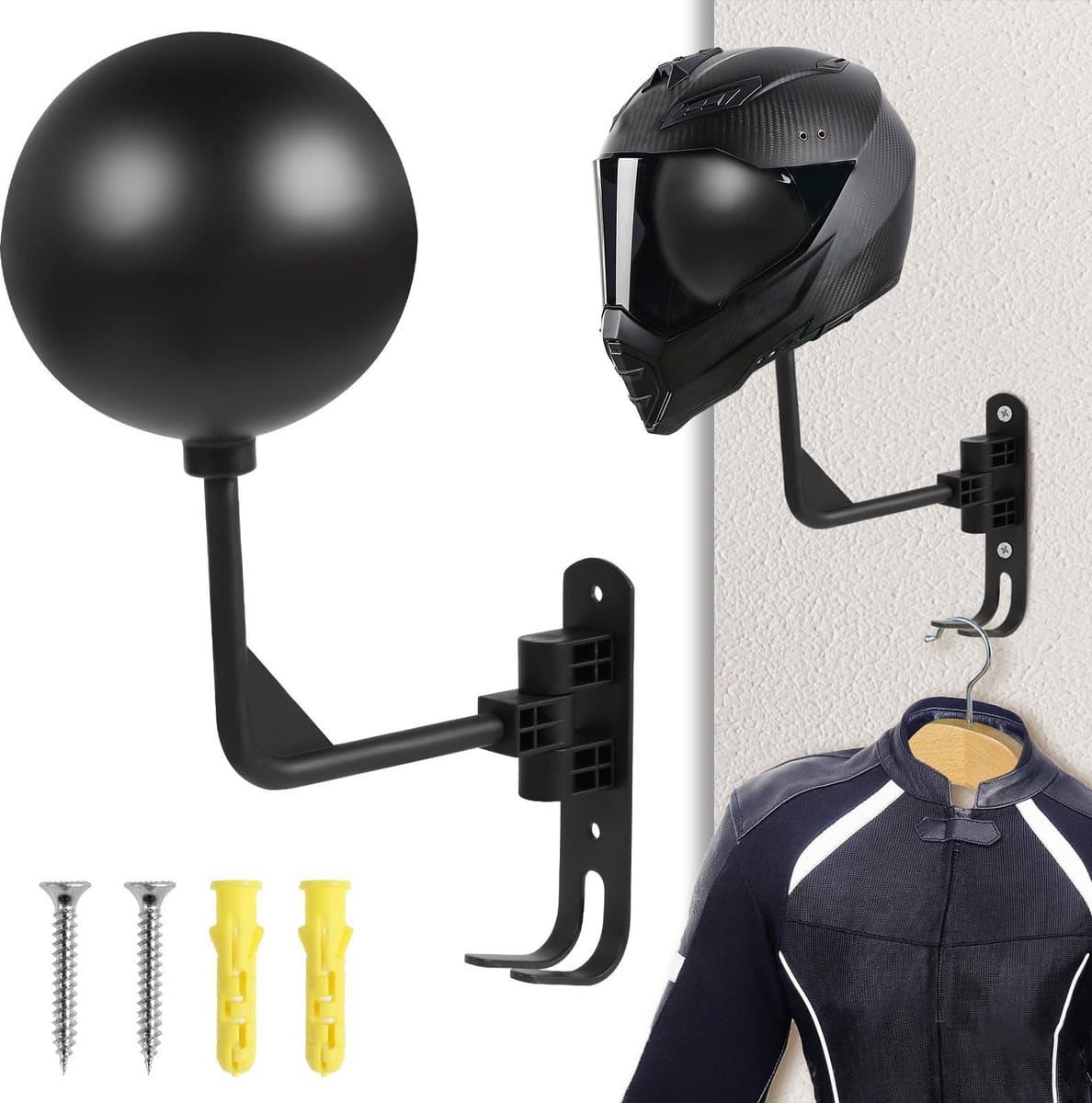 Motorhelmhouder - muurbevestiging - 180 graden rotatie - motorhelmhouder - haak voor het ophangen van motorhelm en jas aan de muur — afbeelding 1