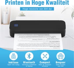 Impressora Térmica® - Thermische A4 printer - Mini Printer voor Mobiel/Tablet/Laptop - 304 DPI - Pocket Printer - Tattoo printer - Inclusief twee rollen thermisch papier - Zwart — thumbnail 4
