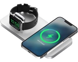 Nomad Base One Max Qi2 Oplader 3rd Gen – Draadloos Opladen tot 15W – Met Apple Watch Snellader & AirPods Oplaadplek – Stof- en Krasbestendige TPU Oplaadbasis - Grijs