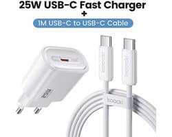 Toocki GaN Snellader | USB-C & USB-A Oplader - Usb Stekker - Oplaad kop - Oplaad blok | Oplaad Adapter | 25W Quick Charger - USB-C & USB-C -1M kabel en Adapter- 25watt oplader -Geschikt Voor Alle Smartphones, Tablets & Laptops- Telefoon Oplader |Wit